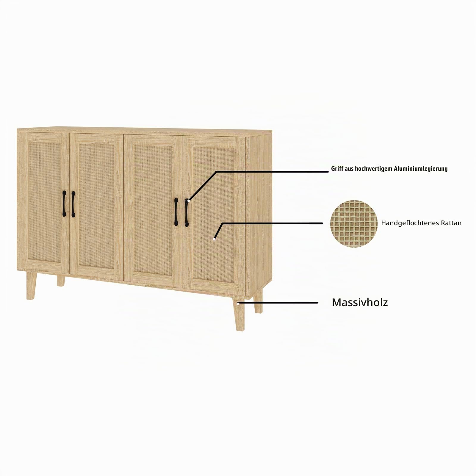 Panana Sideboard mit Rattangeflecht 4 Türen Sideboard TV-Schrank Schubladenkommode Holz Mehrzweckschrank für Flur Schlafzimmer Wohnzimmer Esszimmer (Braun)
