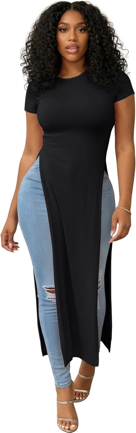 OPOIPIN Women's Crew Neck Split Slit Hem Short Sleeve Slim Fit Tee Top Long Shirt Tunic - Image 6