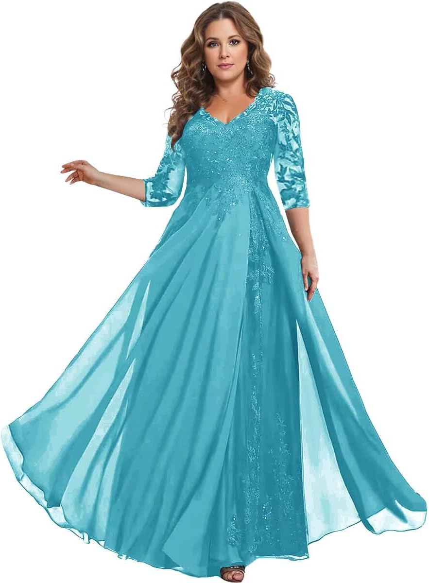zoteno Lace Appliques Chiffon Mother of The Bride Dresses Ruffles 3/4 Sleeves Long Sequins Formal Evening Gowns ZO048