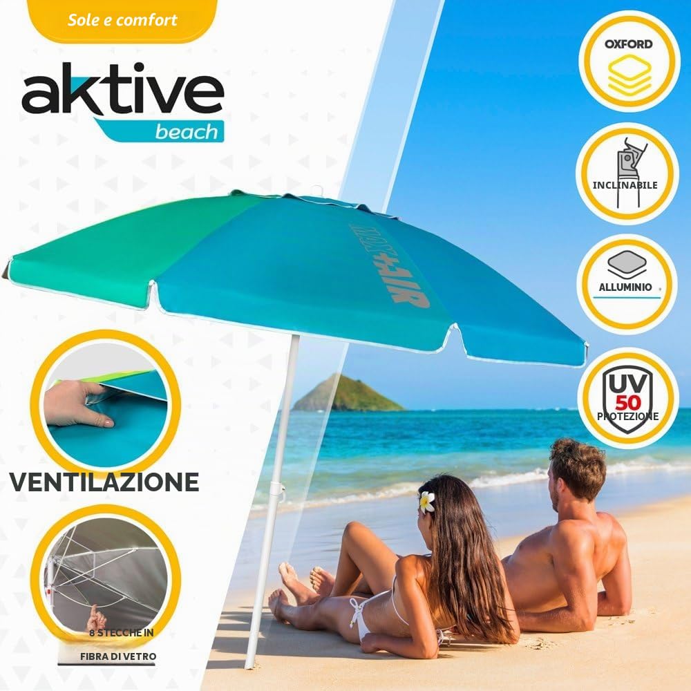 AKTIVE Grande ombrellone da spiaggia Ø200 cm antivento UV 50 palo 28-32 mm flessibile borsa