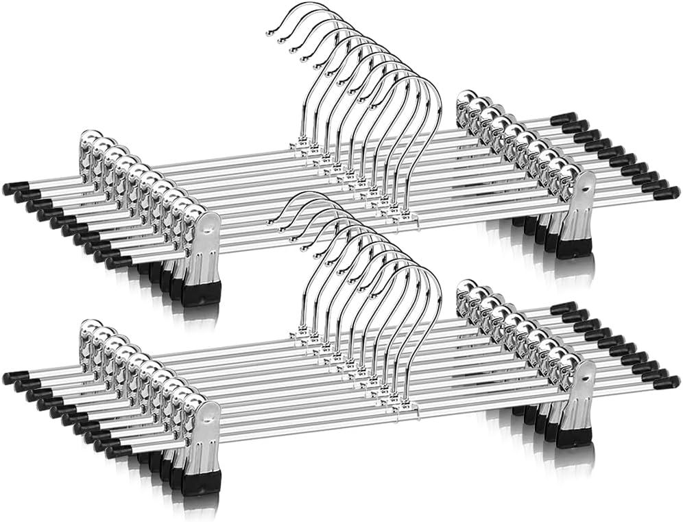Pack De 10 Perchas Con Clip Para Pantalones, Faldas Y Jeans | Metal Cromado Antideslizante | Ahorra Espacio En El Armario | Medida 30x10,5 Cm