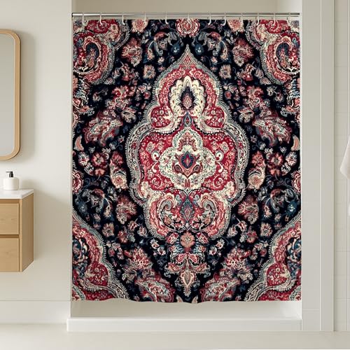 Vintage-Duschvorhang, dunkelrot/blau, Blumenmuster, Badezimmer-Dekor, Herbsturlaub, Bohemian-Stil, wasserdichter Stoff-Duschvorhang mit Haken, 183 x 248 cm