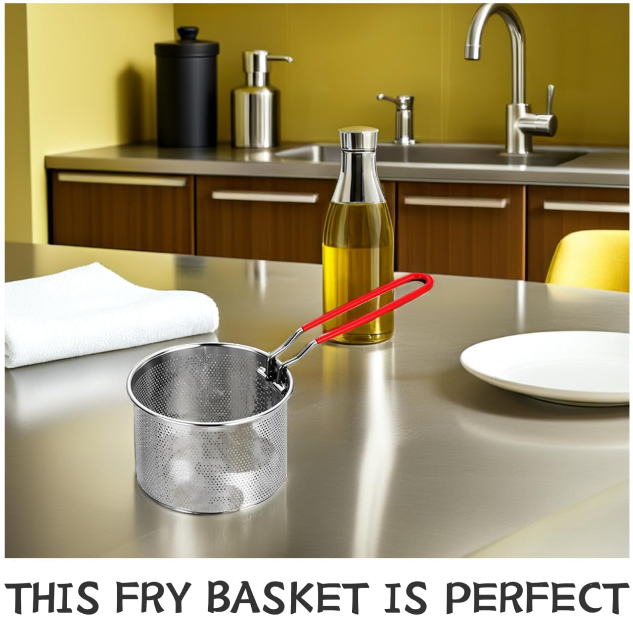 CALLARON Cesta redonda de acero inoxidable para freír, malla de alambre francés, canastas para freír alimentos, vajilla con asa para cocina, freír, pasta, espaguetis, 14 cm