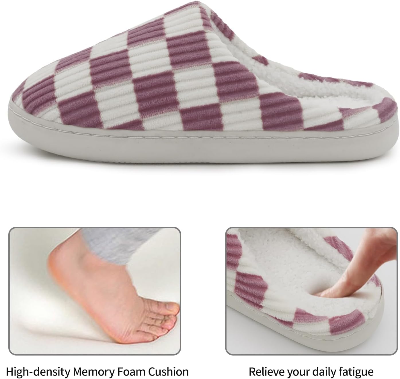 Women House Fuzzy Slippers - Plaid Scuff Checkered Slip-on Memory Foam Indoor Outdoor Comfortable Soft Slides - Image 3