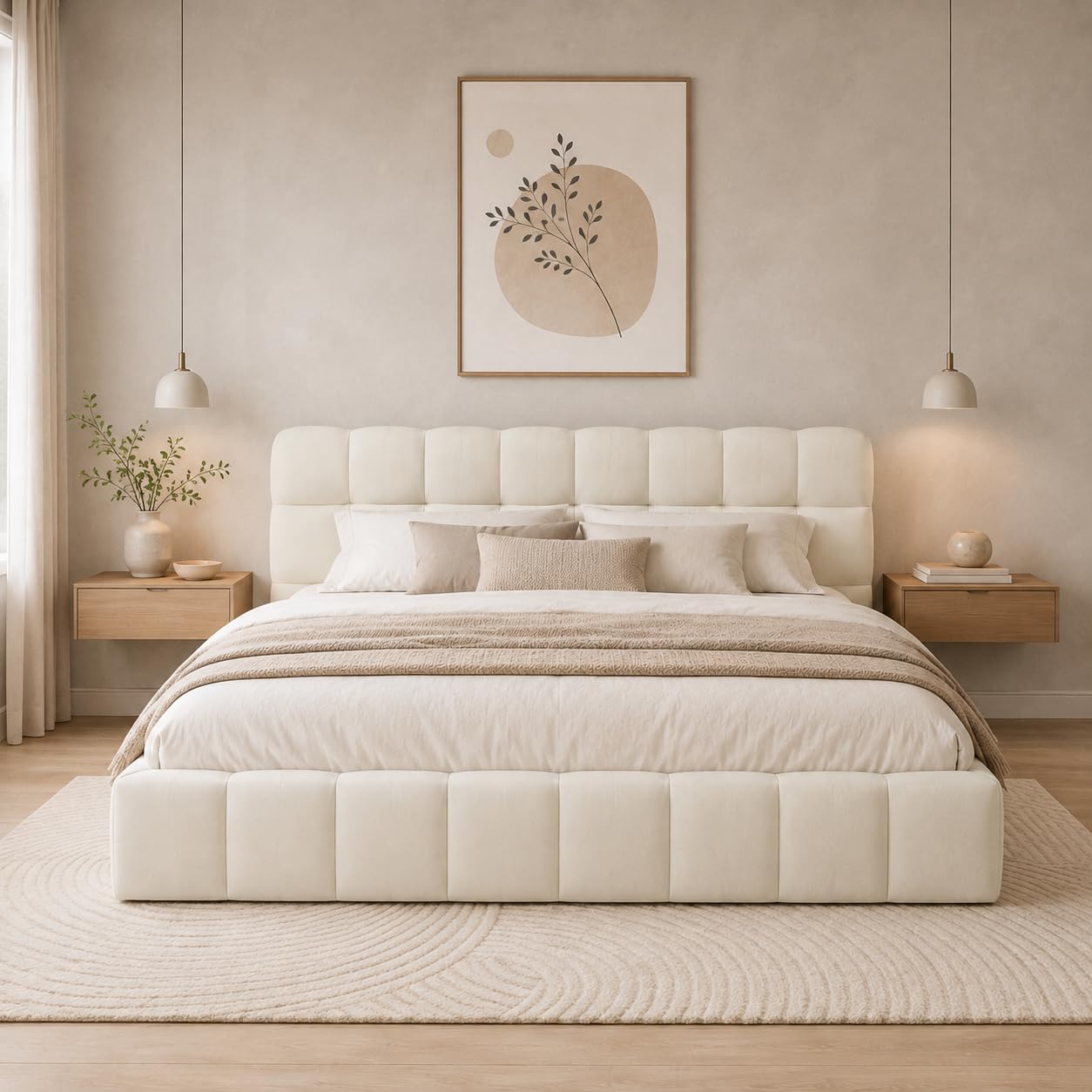Polsterbett Bubble Bett 140x200, Doppelbett Polsterbett 140x200 Beige, Jugendbett Flachbett Gästebett Bettgestell Mit Lattenrost Und Kopfteil, Leinen, Ohne Matratze (Beige, 140x200cm)