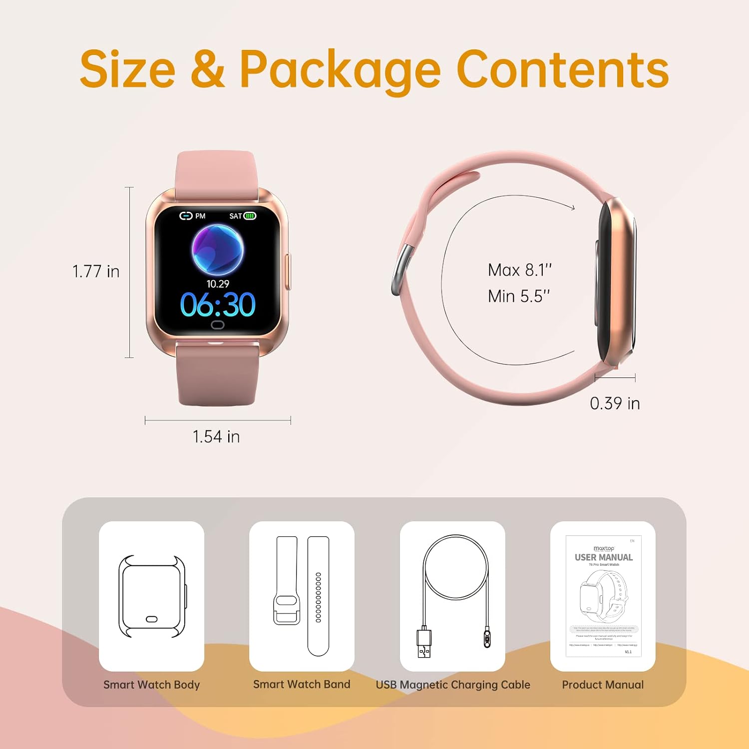 MAXTOP Smart Watch Compatible iPhone Android,1.4'' Full Touch Screen Fitness Tracker Watches with 29 Sport Modes, Smartwatch for Men Women (T6 Pro Pink)