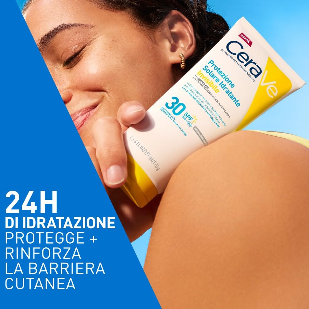 CeraVe Protezione Solare Idratante Invisibile SPF30, Per Tutte le Tipologie di Pelle, Protezione Molto Alta, Idratazione 24 ore, Texture Leggera e Invisibile sulla Pelle, 177ml