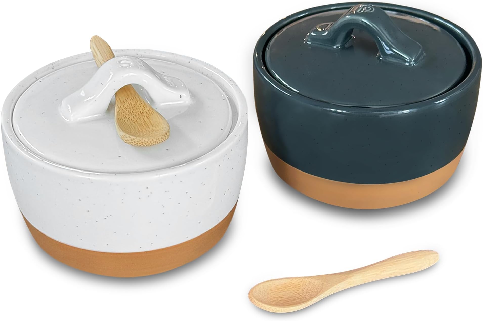 Mora Ceramic Salt and Pepper Cellar Set with Lid - 10 oz Modern Canister/Container/Bowl for Storage, Sea Salt, Spice, Sugar, Countertop - Small Dish/Jar with Wood Spoon, Black & White Crock