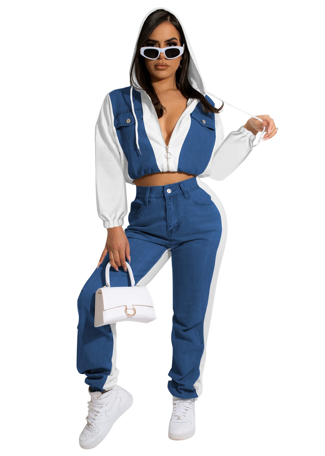 Photo 1 of Nhicdns Women's Two Piece Outfits Sweatsuits Sets Fall/Winter Long Sleeve Denim Zipper Hoodie jogger Sets with Pockets XL