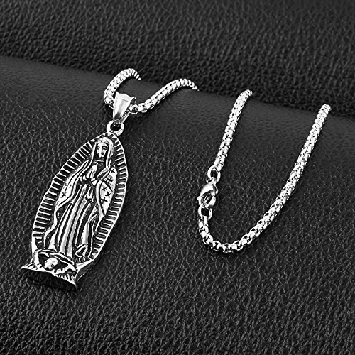 HZMAN Stainless Steel Blessed Mother Mary - Our Lady of Guadalupe Pendant Necklac with Steel Wheat Chain3