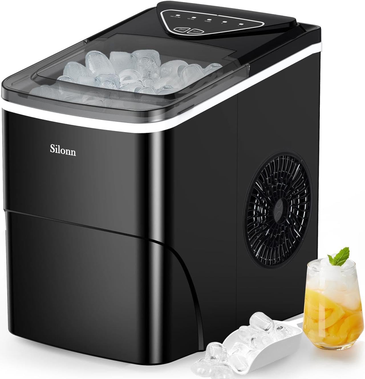 Silonn Ice Makers Countertop - Auto-Cleaning Portable Ice Maker Machine, 26lbs in 24Hrs, 2 Sizes of Bullet Ice for Home Kitchen Office Bar Party, Black | Fridge.com