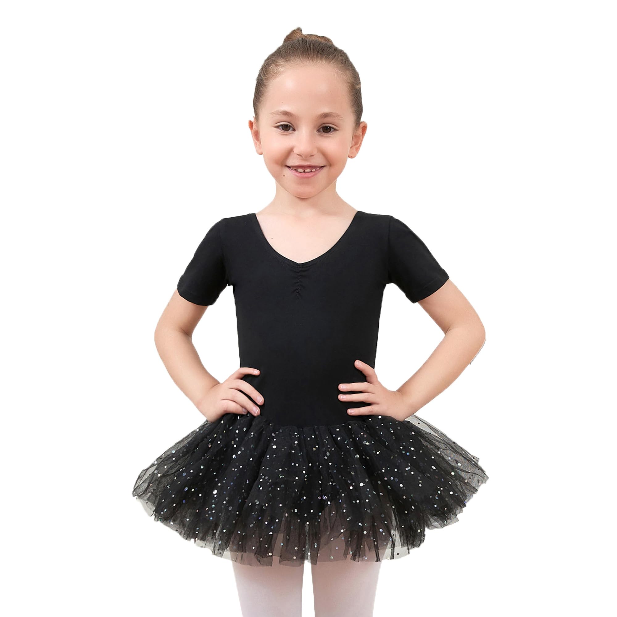 generic Girls Ballet Leotards with Dance Skirt Short Sleeve Dancewear Crisscross Back Ballet Dance Dress Tutu Skirted Leotard Black, 9-10 Years