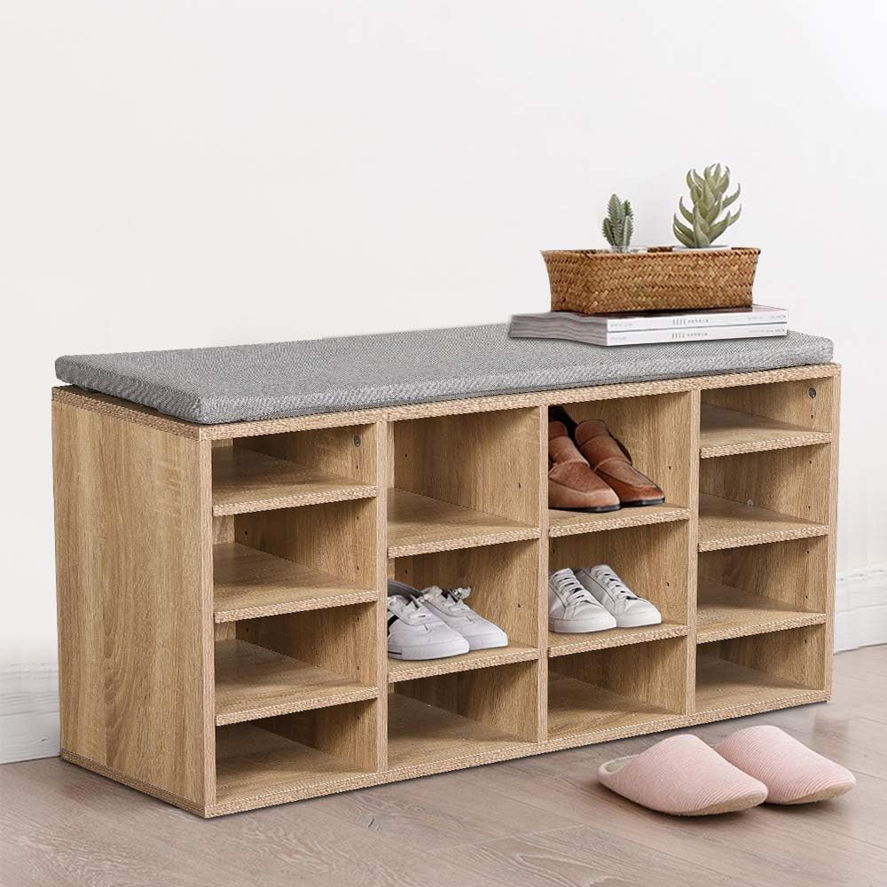 LENTIA Hallway Wooden shoe Bench Shoe Cabinet Storage Shoe Organizer with Seat Cushion103.5 x 30 x 48 cm (Nature)
