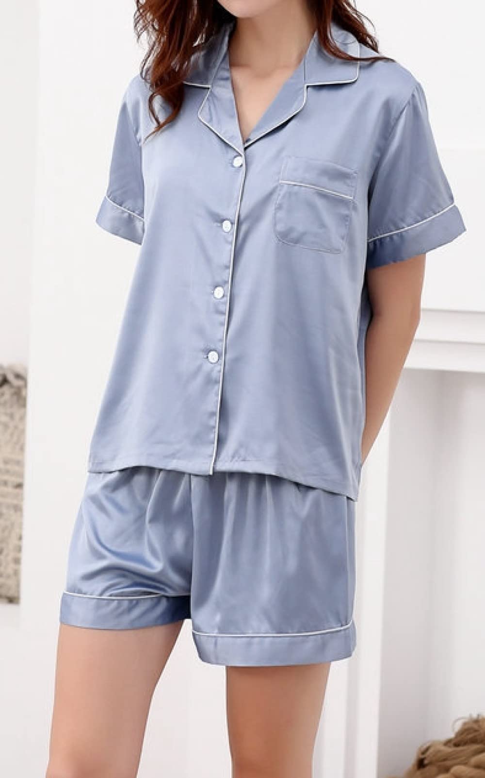 Pijama De Mujer Manga Corta,Botones De Solapa Azul Pijama De Manga Corta De Verano para Mujer Conjunto De 2 Piezas Pijama De Mujer Cómodo Y Suave Ropa De Salón Regalo del Día De La Madre para ESP