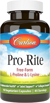 Carlson Pro-Rite, Free-Form L-Proline & L-Lysine, 90 Capsules | Joint Support; Collagen Formation
