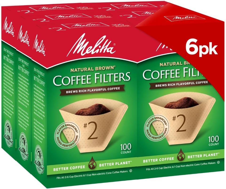 #2 Cone Coffee Filters, Natural Brown, 100 Count (Pack Of 6), 600 Total Filters - Fits all 2-6 Cup Cone Coffee Makers and 1-cup Pour-Over Brewers, Compostable, Tear-Resistant, Made in USA