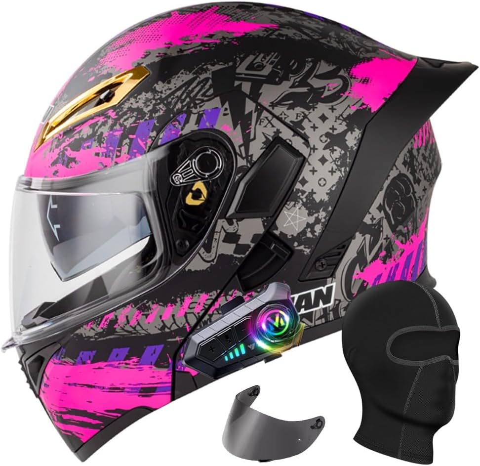 Bluetooth Modular Motorcycle Helmet for Adult DOT Approved Flip up Full Face Motorcycle Helmets Dual Visor Motocross Helmet Built-in Dual Speaker with Microphone for Men and Women