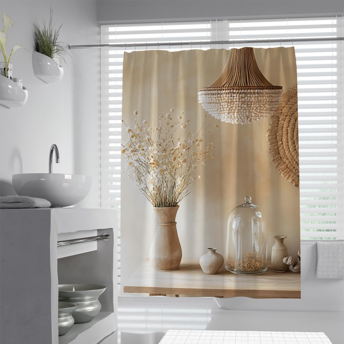 Cortina Ducha lámpara ratán Boho Deco baño W200xL200 cm