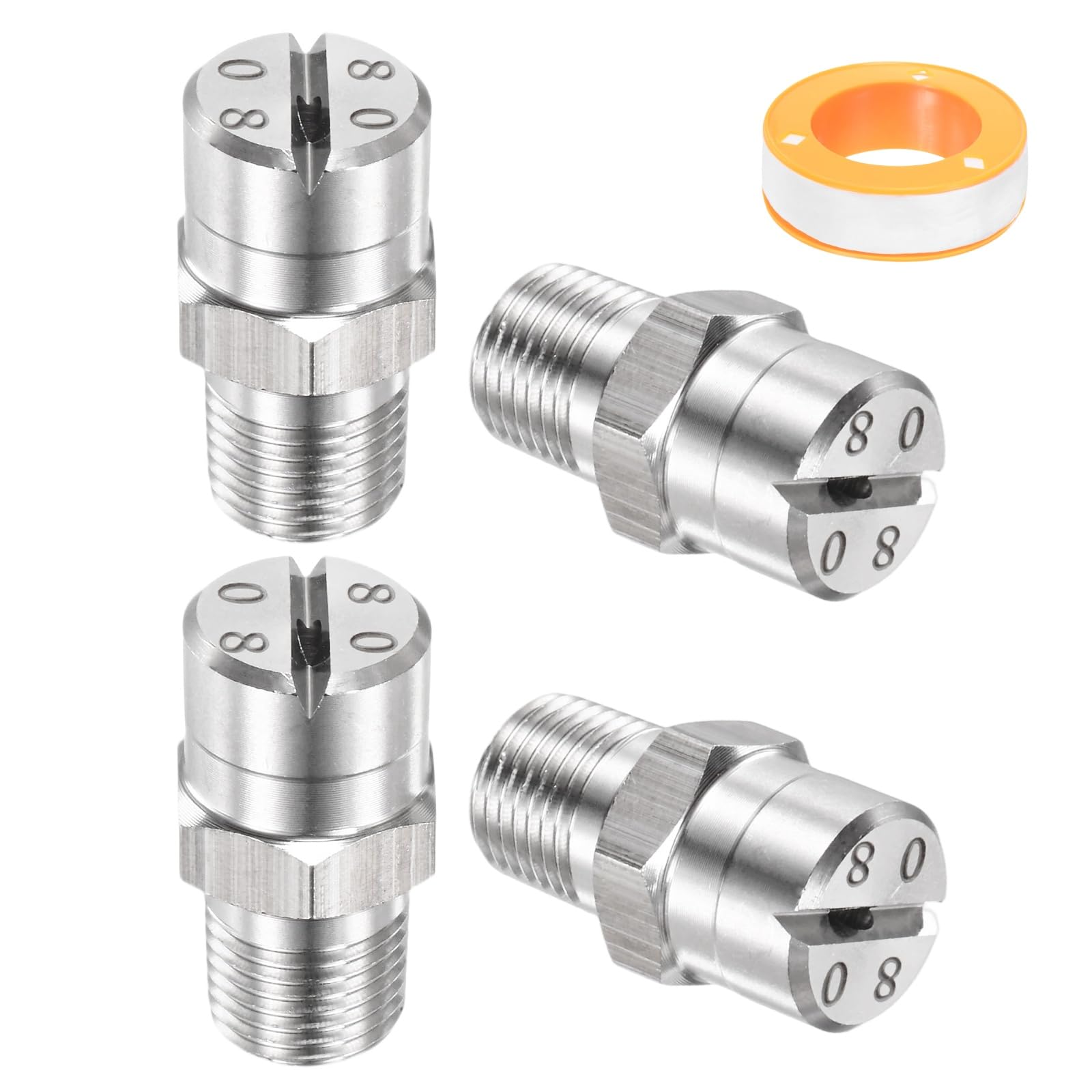 TIXIPEM 1/8" BSP Male 80 Degree Flat Fan Spray Tip [5PCS] - Pressure Washer Nozzles Cleaner Nozzle with Sealing Tape Used for Water Guns - [Stainless Steel-1.8MM Orifice]
