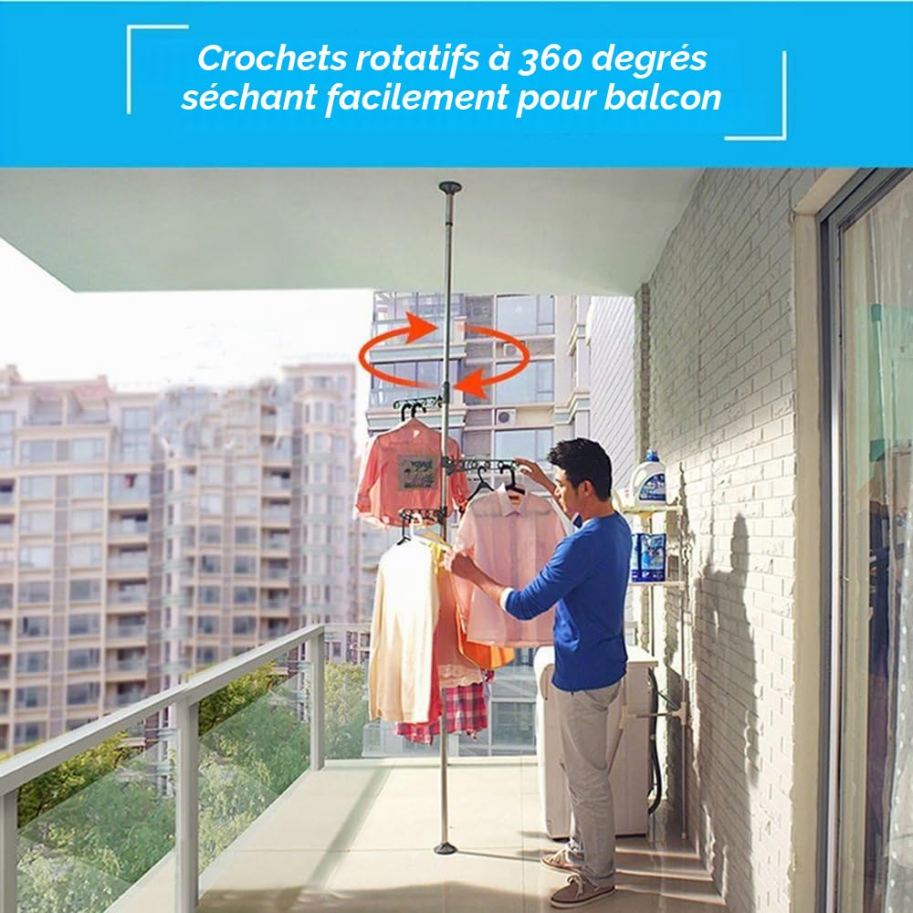 BAOYOUNI Porte-Manteau Téléscopique Séchoir à Linge en Métal et Plastique Étendoir Pliable avec 4 Bras et Crochets, Réglable en Hauteur 175-235 cm ou 230-290 cm, pour Salon, Chambre, Bureau, Gris