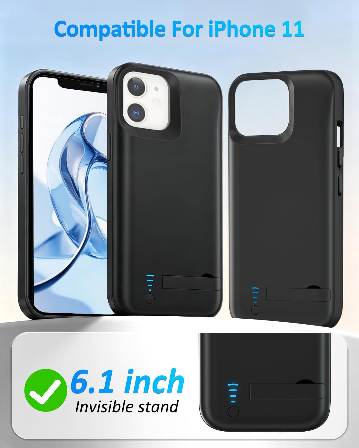 Akkuhülle für iPhone 11（6.1",6800mAh）, Schlanke Wiederaufladbare Erweiterte Ladehülle Powerbank mit Standfuß, Tragbare Schützende Telefonhülle mit Akku für iPhone 11