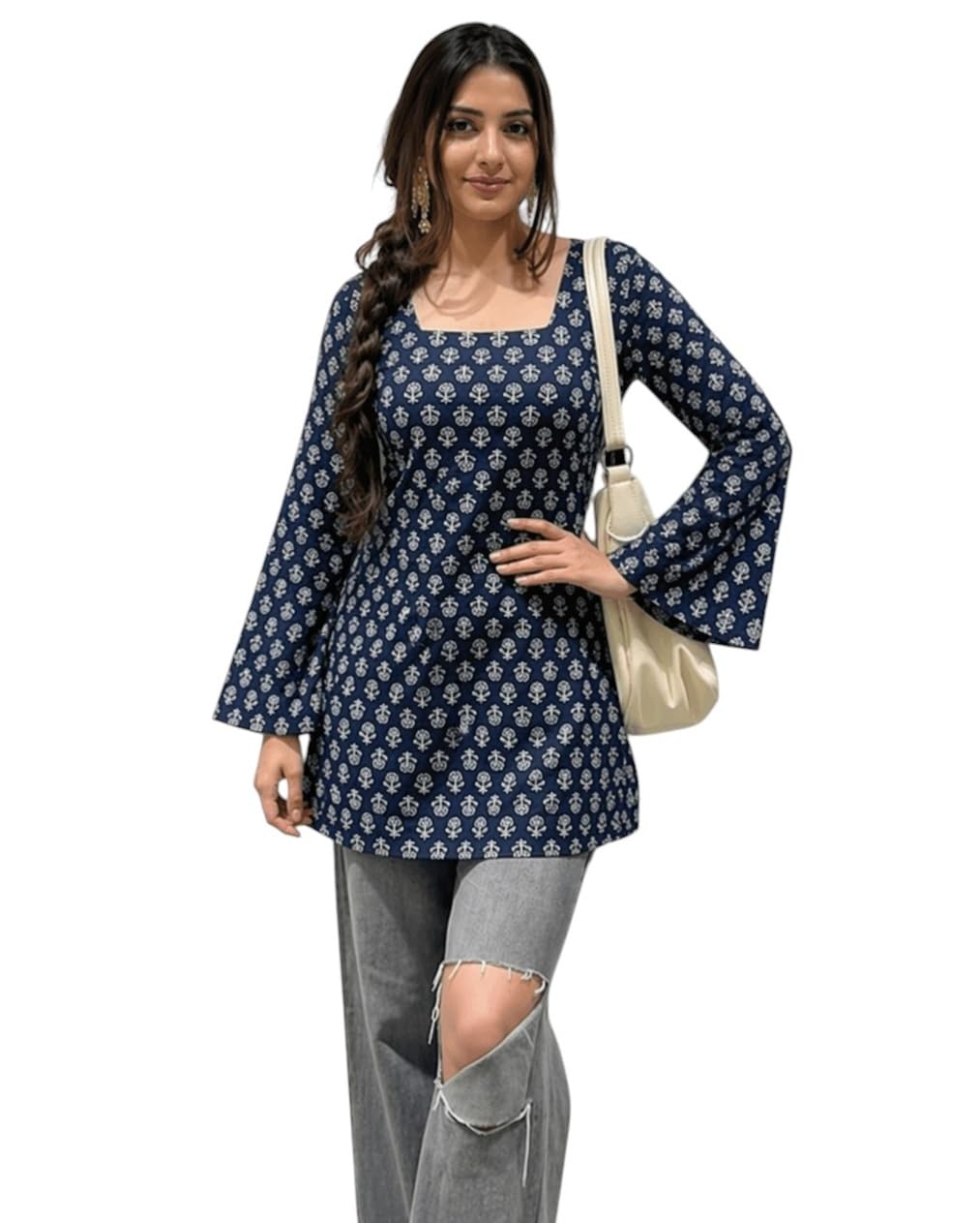 sonisha elegance & style SONISHA Women's Rayon Floral Print Short Kurti for Women Elegance Square Neck, Long Sleeves with Style Criss Cross Back Kurti, Top for Office Wear, Casual, Outdoor-picture-32