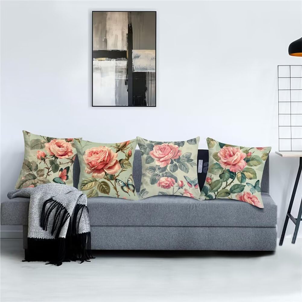 Kissenbezug 50 x 50 4er Set Kissenbezug Grün Dekokissen Modern Sofakissen Leinen Kopfkissenbezug Rose Kissenbezüge Kissenhüllen für Geschenke für Frauen Zierkissenbezug, Sofa Wohnzimmer Zierkissen G-0