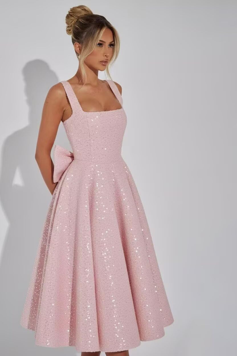 GRILSONTOP Sequin Tea Length Prom Dresses with Bow Square Neck Evening Dress for Women Short Formal Party Gown