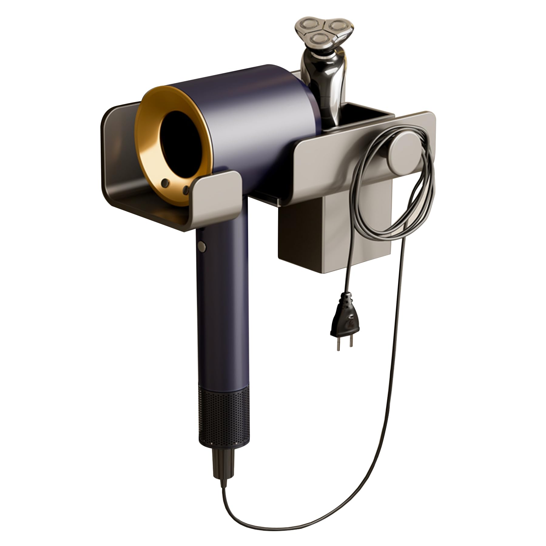 Esusom Hair Dryer Holder with Comb Storage Rack for Bathroom, Hair Tool Organizer No-Drill Wall Mounted, Space Aluminum Hair Dryer Hanger Anti-Rust for Bathroom (Gray)