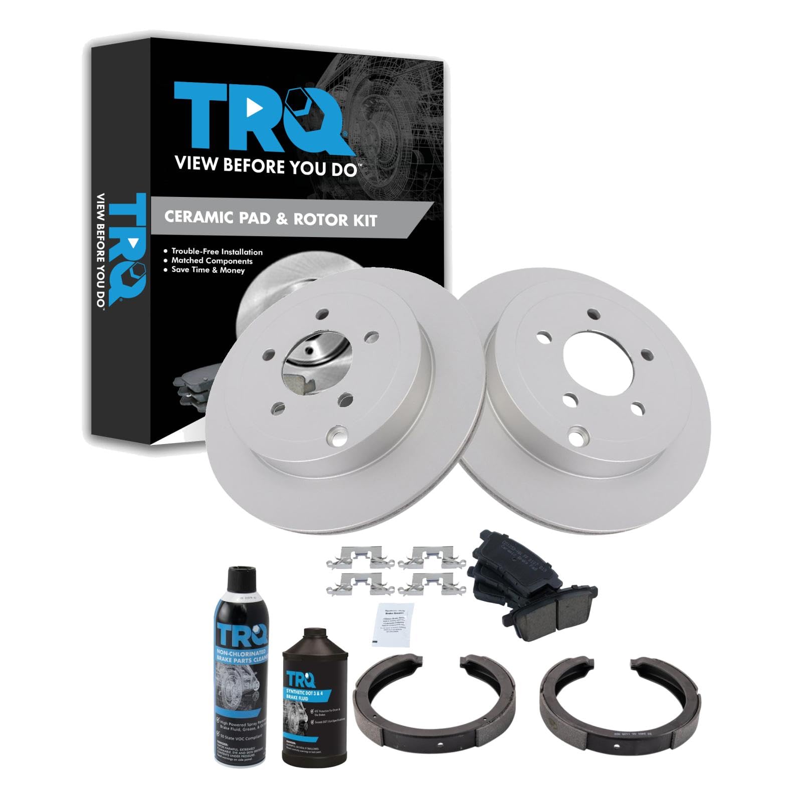 TRQ Rear Brake Pad &amp; Rotor Kit, with Chemical Kit Parking Brake Shoe Set Ceramic Premium G-Coated Compatible with 2007-2010 Ford Edge Lincoln MKX