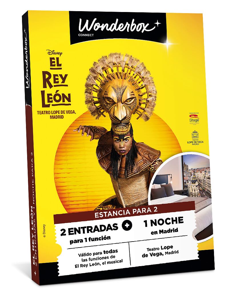 WONDERBOX Connect - Caja Regalo - El Rey Leon Estancia - 2 entradas para 1 función + 1 Noche de Hotel - Teatro Lope de Vega, Madrid - El Musical - Válido Durante 27 Meses