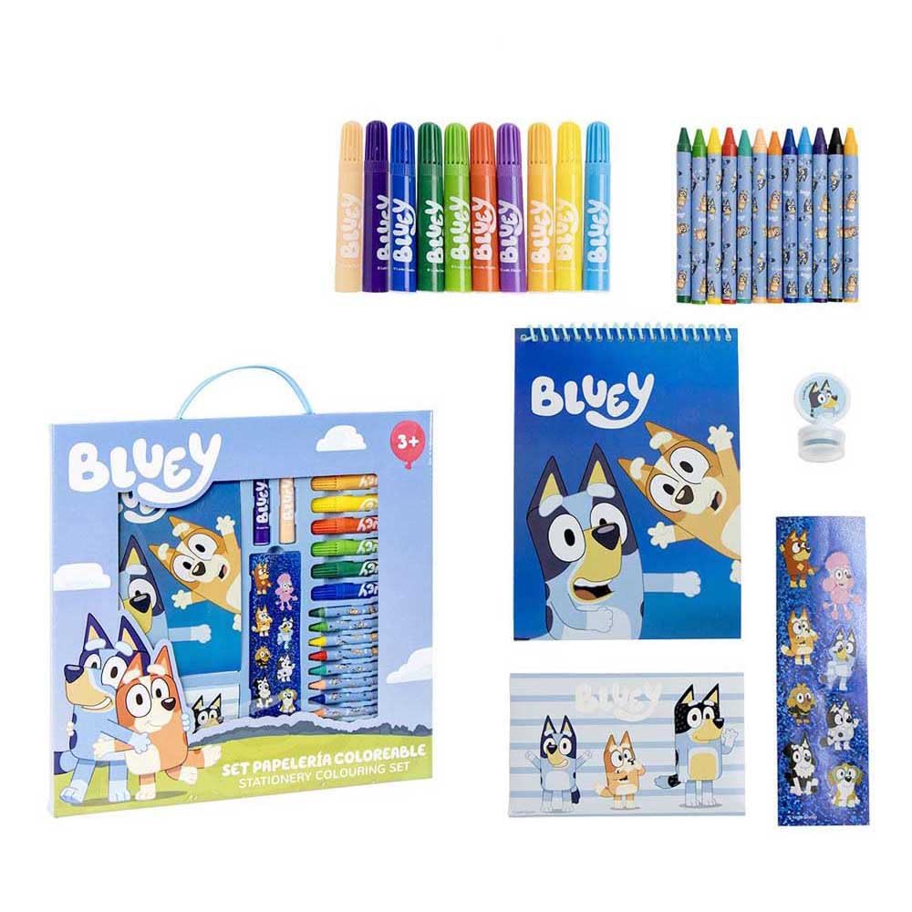 Set de Papeleria Inspirado en Bluey - Color Azul - 30 x 30 x 2.5 cm - Incluye Cuaderno con Hojas coloreables, rotuladores, Pegatinas y Mucho más - Producto Original Diseñado en España