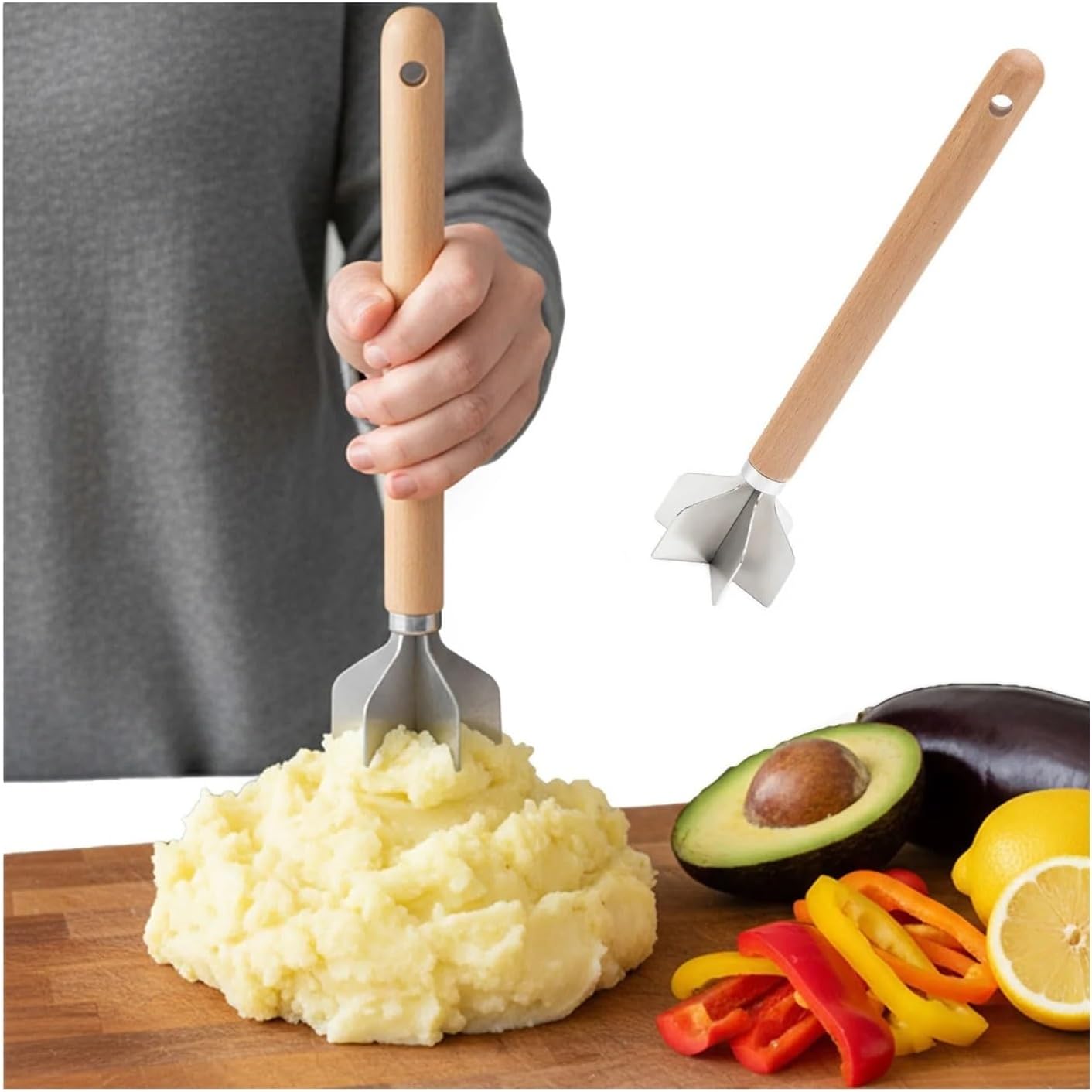 Ground Meat Smasher Food Grinder With Wooden Handle Non-Stick Food Masher For Meat Vegetable Potato Chicken Beef Nut Kitchen