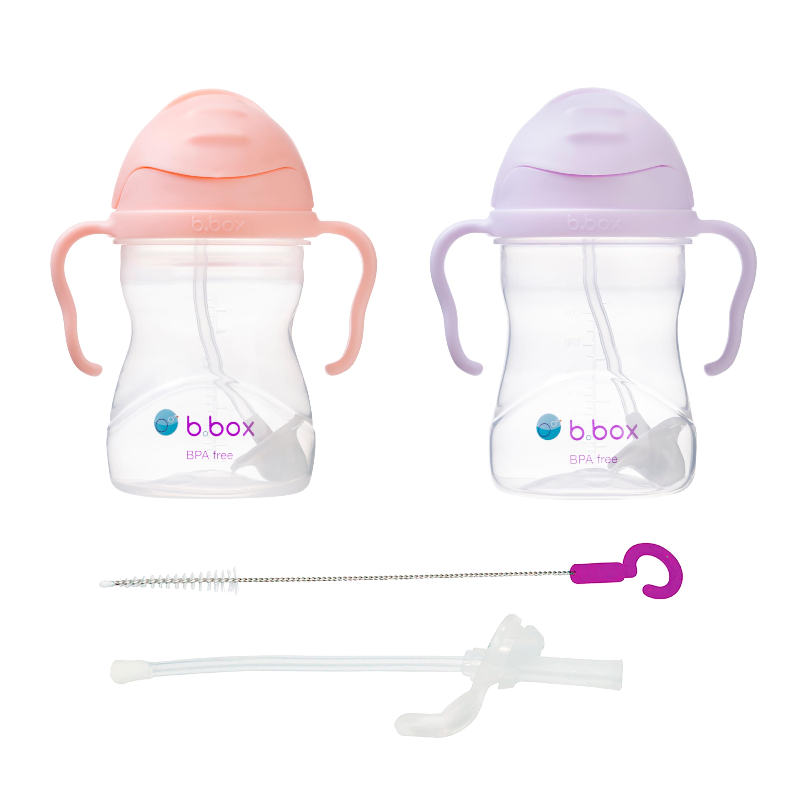 b.box Sippy Straw Cup Pack of 2 with Free Replacement Straw and Cleaner, Tutti Frutti + Boysenberry, 9.8 cm (W) x 15.6 cm (H)