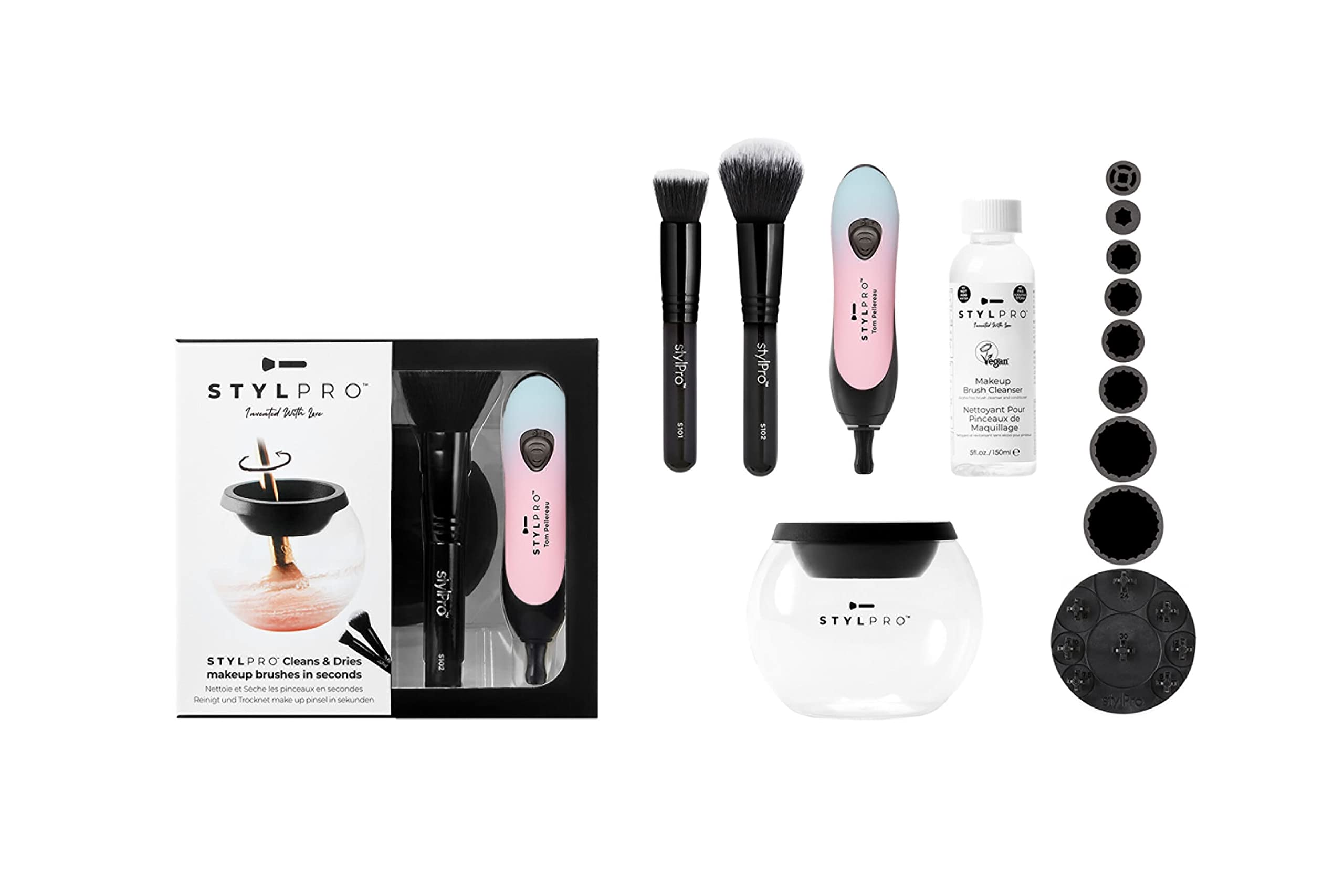 StylPro Kit de regalo: limpiador eléctrico de brochas de maquillaje y secadora con 8 collares de cepillo, limpiador de brochas – limpiador de brochas rápido y automático con cuenco resistente al calor