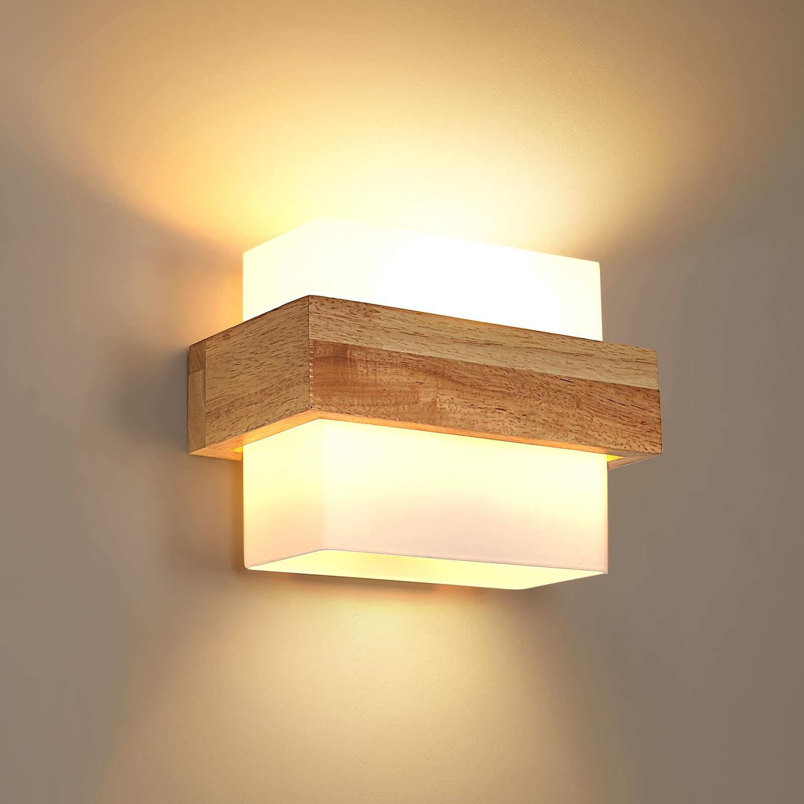 DELIPOP Wood Wall Light, E27 Modern Wall Lamp with Glass Lampshade, Indoor Wall Light Fixtures for Living Room Bedside Bedroom Corridor Hallway Stairs