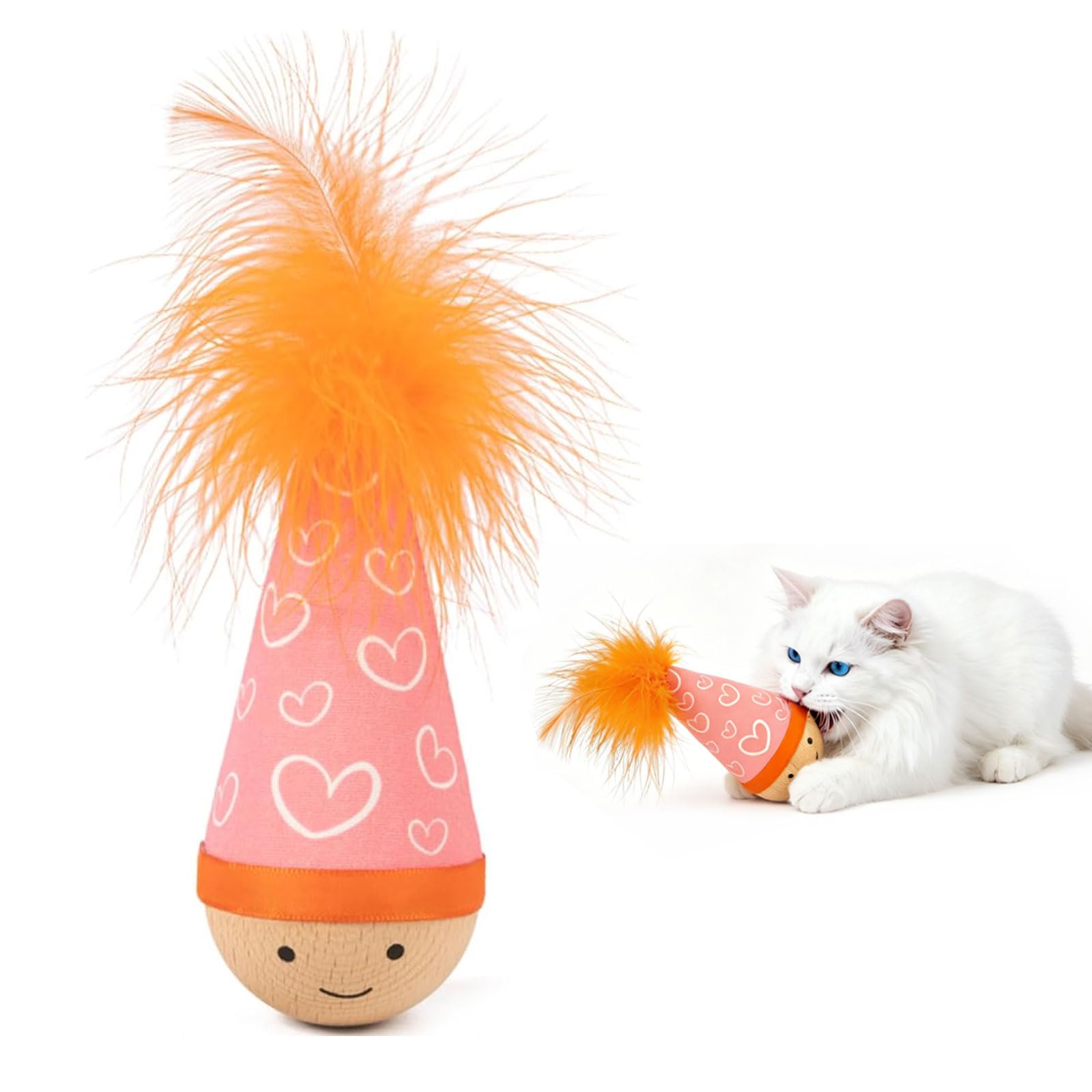 Cesujowaz Cat Feather Toy, Catnip-Free Wooden Tumbler for Kittens & Indoor Cats, Interactive Wobble Starter Toy