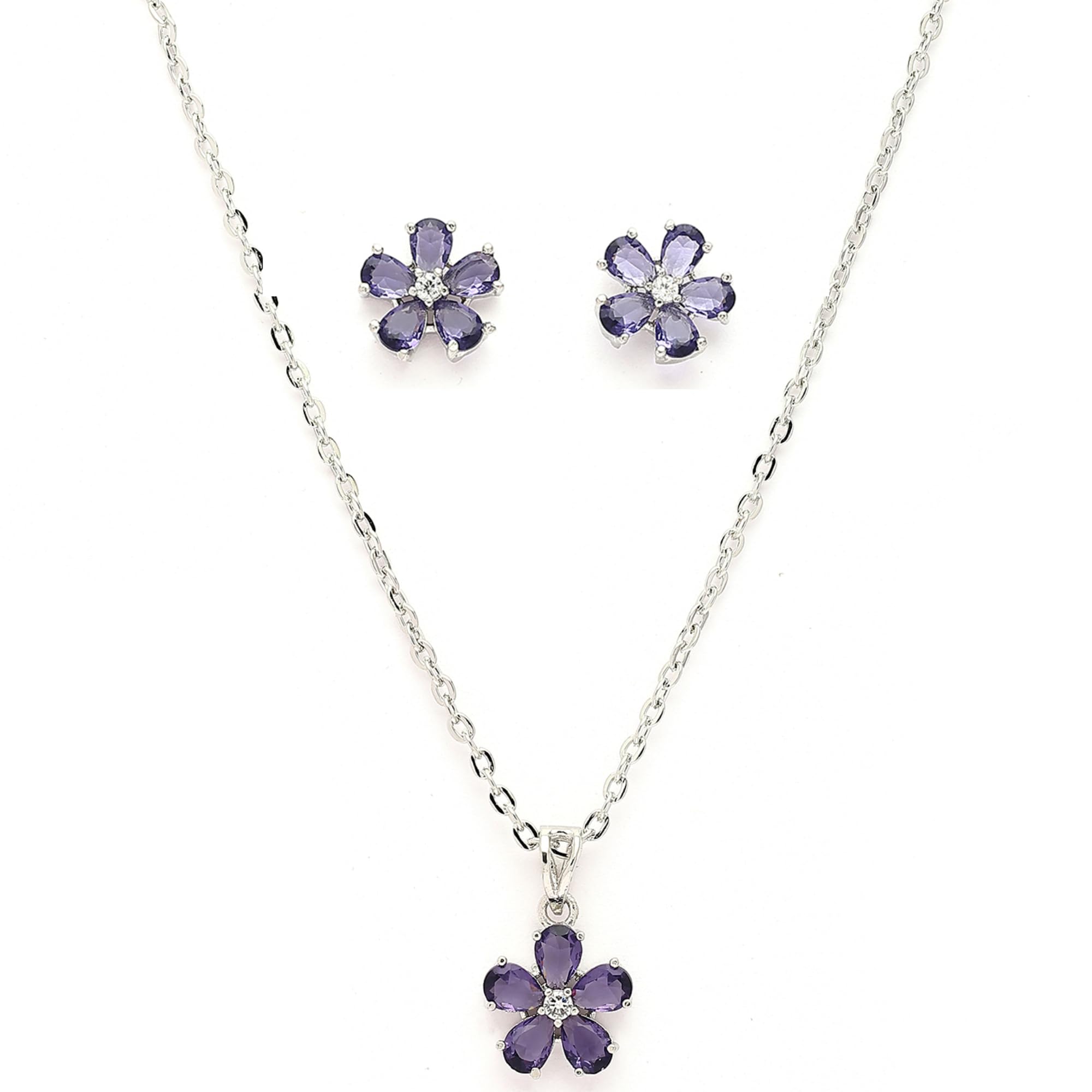 Rhodium Plated Silver Toned American Diamond Studded Floral Shaped Pendant Chain With Earrings Jewellery Set For Women And Girls