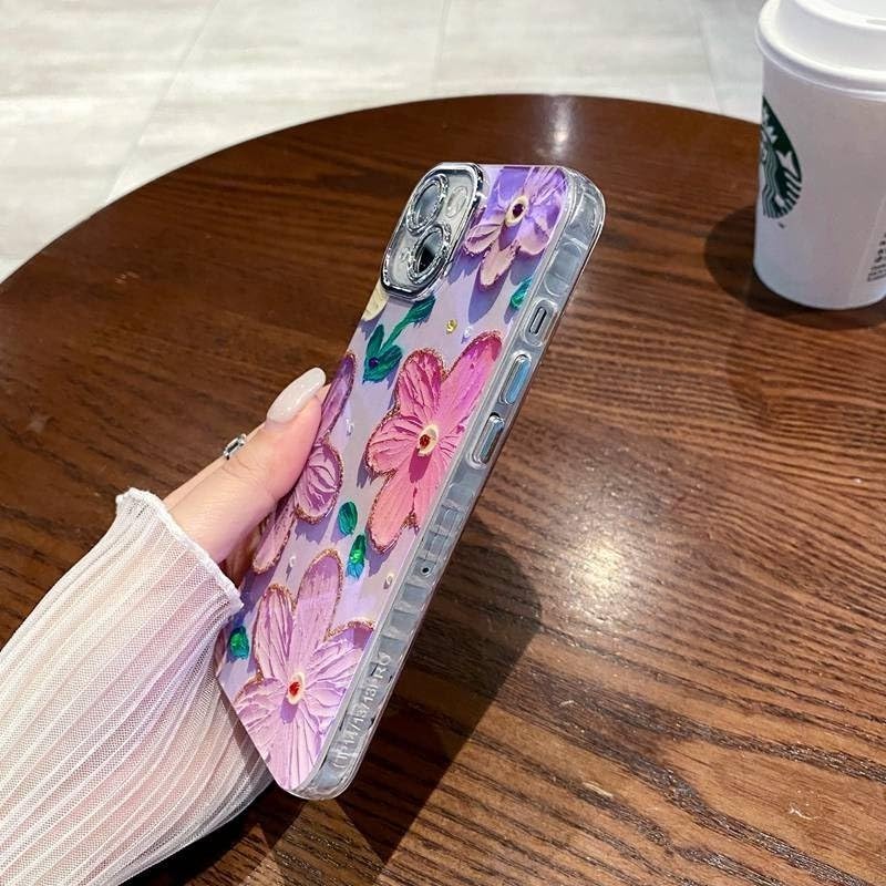 Image of VONZEE Laser Flower Case Compatible with iPhone 16 Pro, Colorful Oil Painting Design, Shockproof PC+TPU Hybrid Cover, Full Camera Protection Glossy Cute Protective Case for Women & Girls, Purple