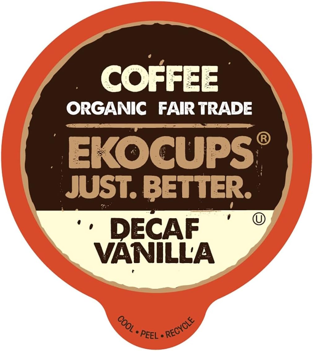 EKOCUPS Artisan Organic Decaf Vanilla Hot or Iced Coffee, Medium Roast, in Recyclable Single Serve Cups for Keurig K-cup Brewers, 40 count
