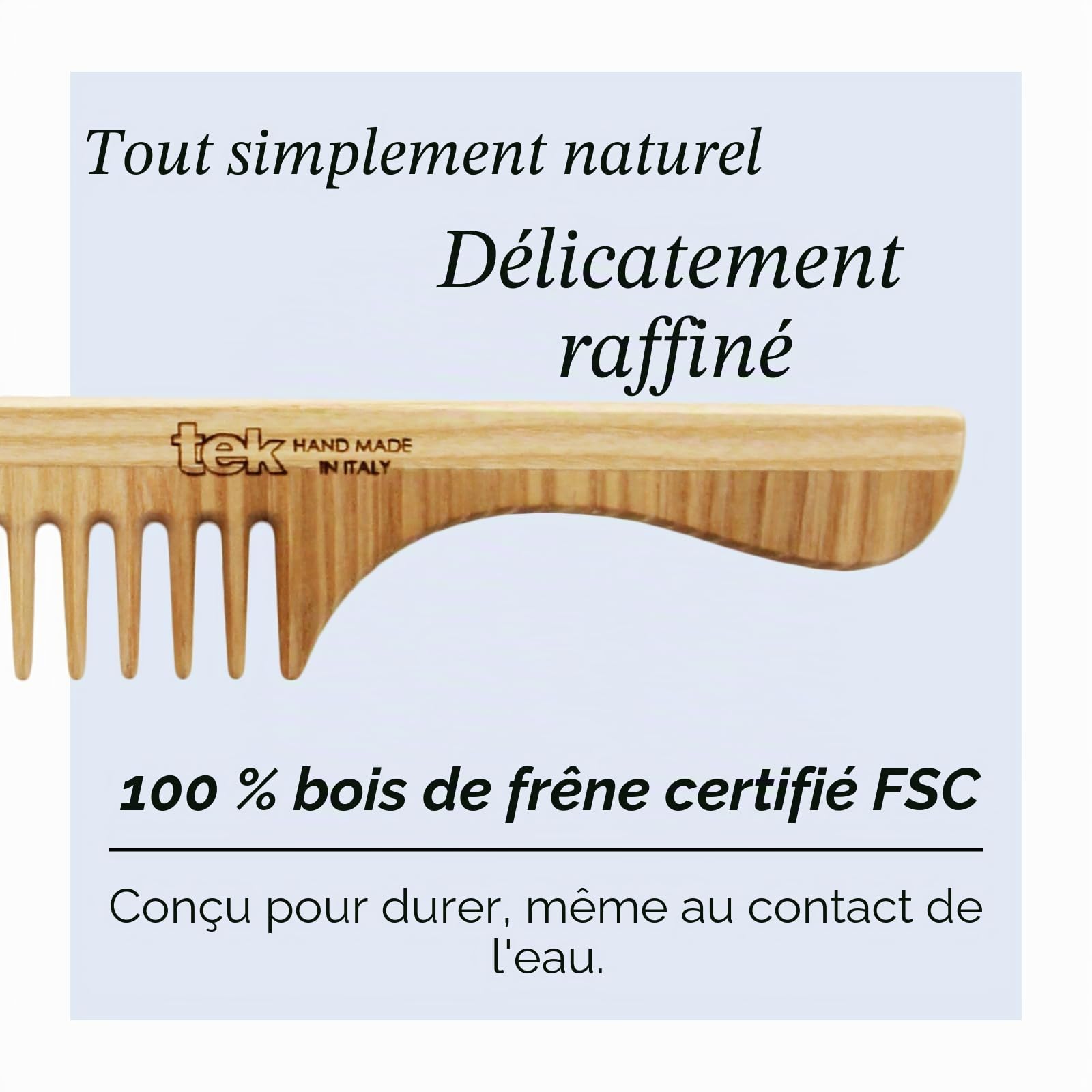 TEK - Peigne à Dents Larges et avec Manche en Bois de Frêne, Fabriqué à la Main en Italie, pour les Cheveux Normaux, Bouclés ou Ondulés - 20 x 4.5 cm