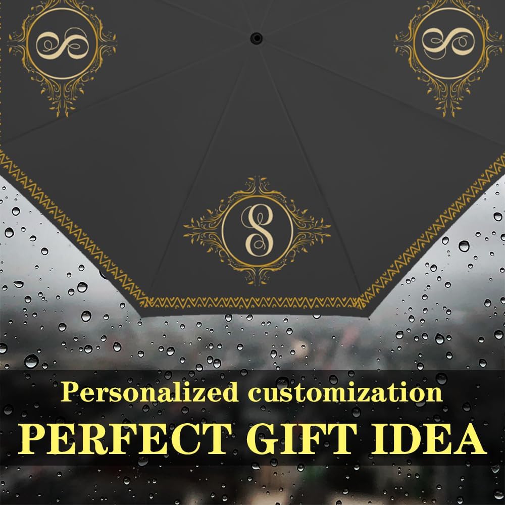 Custom Umbrella Personalized Name Letter With 4Panels Monogram Vintage Pattern Compact Travel Umbrella Folding Windproof Umbrellas for Rain Sun Funny Gift for Men Women Family Friends Sister