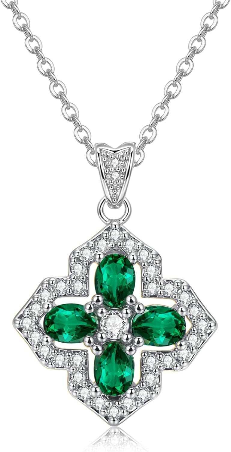VONSSY Four Leaf Clover Necklace Earrings Shamrock Irish ST Patricks Jewelry Set Gift Green Emerald Zircon Crystal Stud 18k Gold Plated Chain Saint Pendant for Woman Wife Girlfriend