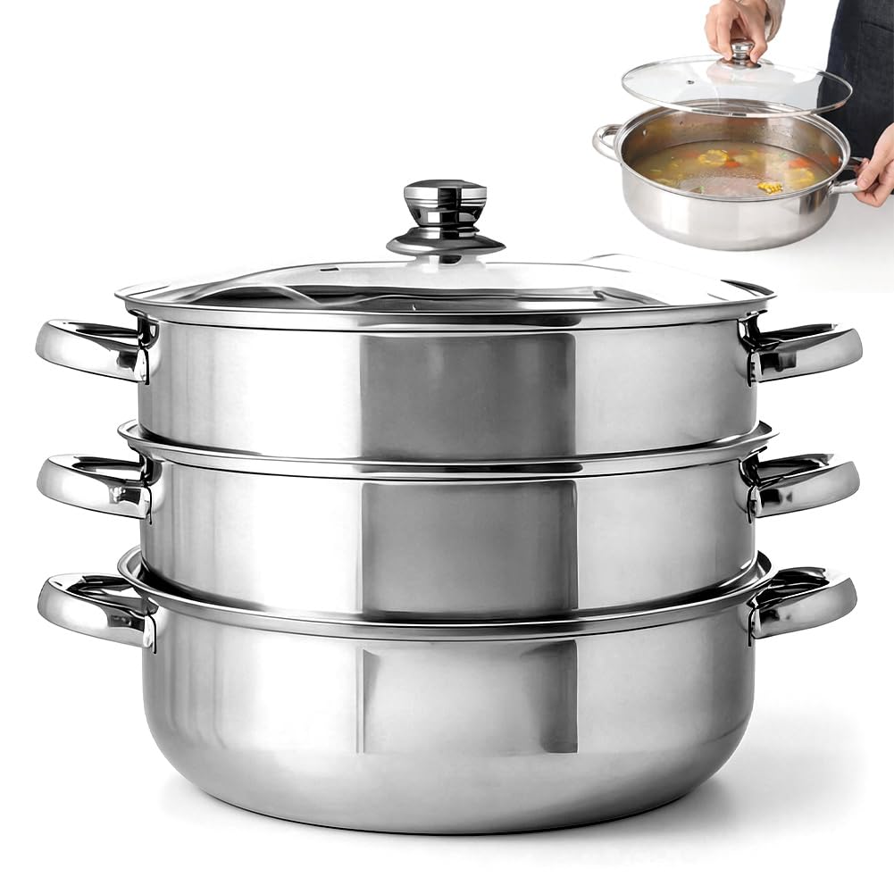 LOMUG Olla para cocinar al vapor, acero inoxidable con 2 insertos de vapor y tapa de cristal, vaporizador de verduras para todo tipo de fuegos, vaporizador de patatas, olla para dim sum, arroz, uso