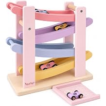 Vanplay Car Ramp Toys for One Year Old Girl Birthday Gifts, Montessori Toys for 1 2 Year Old, Wooden Race Track Truck Toy with 4 Mini Cars, First Christmas Birthday Gifts for Toddler Girl Toys 1-3-2-4