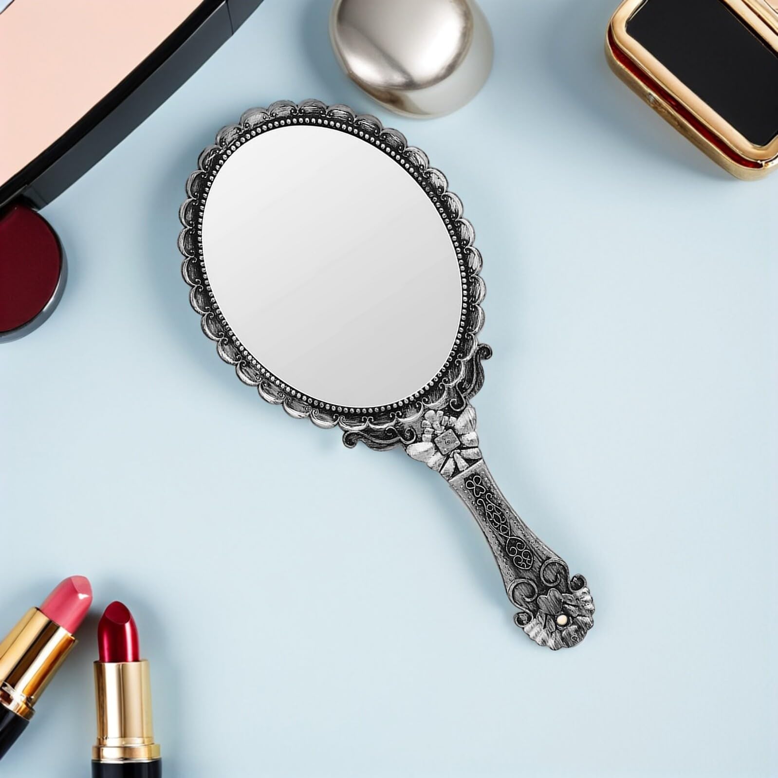Espejo Resistente y Elegante Mujer para Maquillaje Vintage de Mano Material Abs y Vidrio Mango Cómodo para Uso en Casa y Viajes