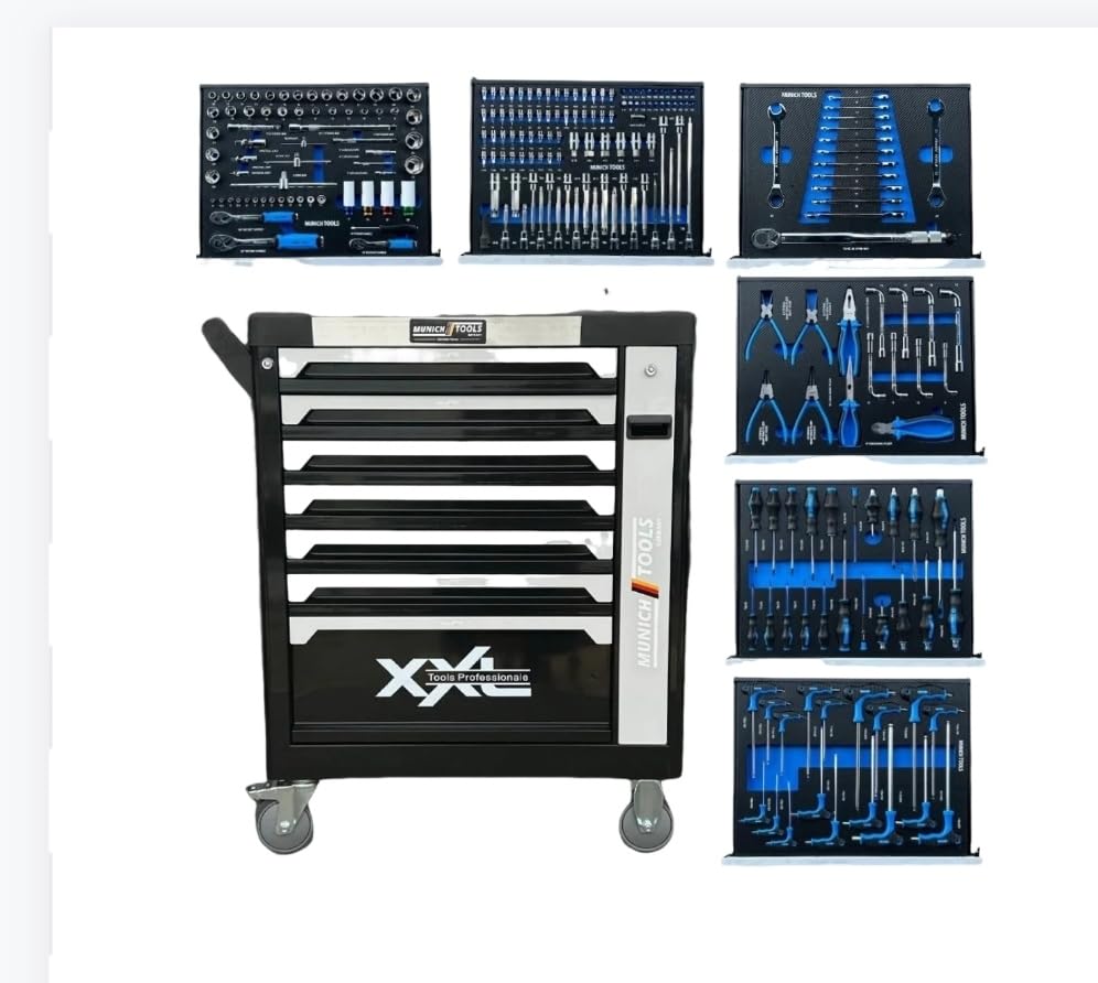 Generisch Werkzeugwagen XXL von Munich Tools Werkstattwagen 7/6 Werkstattschrank Schubladen mit Werkzeug zentral abschließbar Ratsche mit Nusskasten Chrome Drehmomentschlüssel
