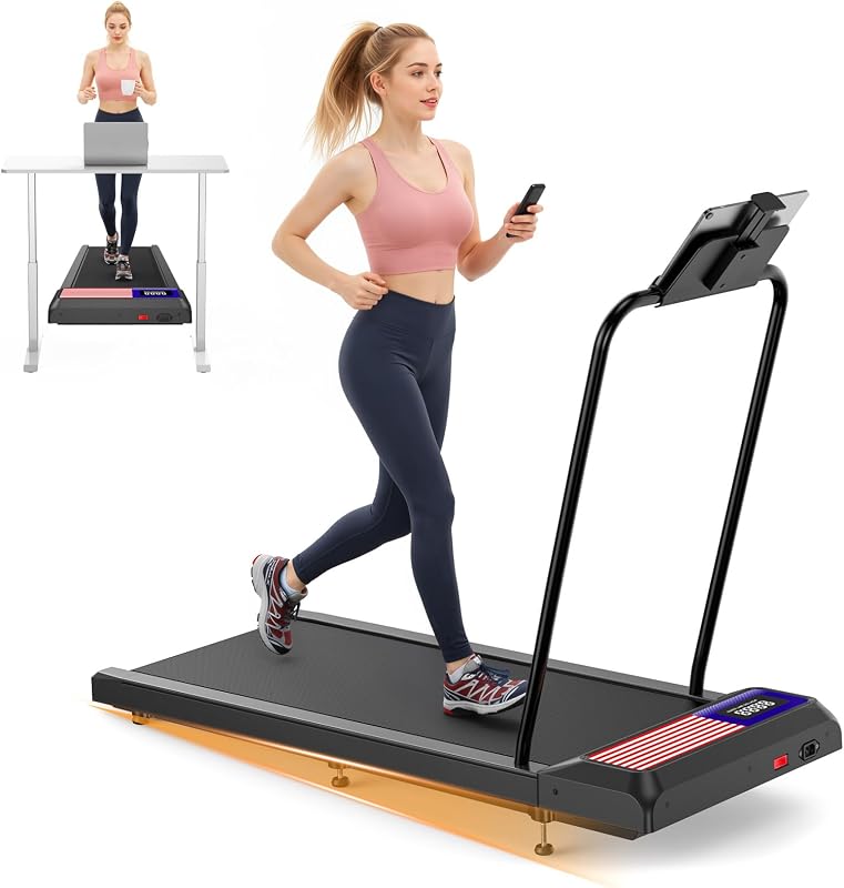 HOELLL Treadmills for Home Small with 0%-8% Incline and APP Sync, Compact Under Desk Walking Treadmill Pad with Handle Bar Removable, Remote Control and LED Display, 2.5HP, Blue Red