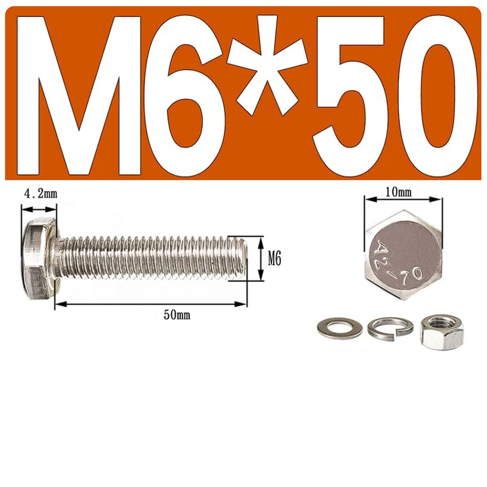 Kit de tuercas y pernos cabeza hexagonal M6 acero inoxidable 201 con arandelas, 100 juegos, juego completo sujetadores, surtido hardware(M6*50 (100 sets))
