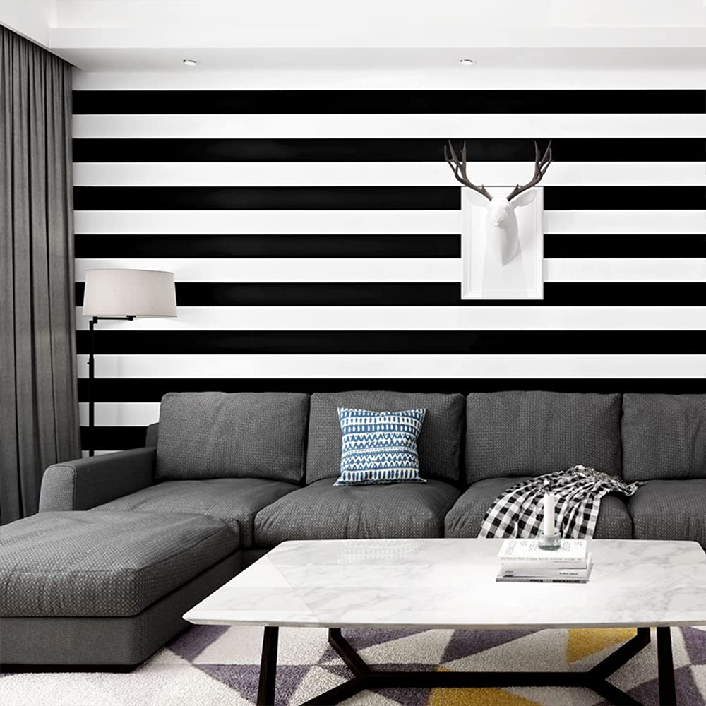MEAIHOME Modern Simple Horizontal Vertical Striped Bedroom Coffee Restaurant Clothing Store TV Background Non-Pasted Wallpaper Roll Black White 1.73' L x 32.8' W - Image 4